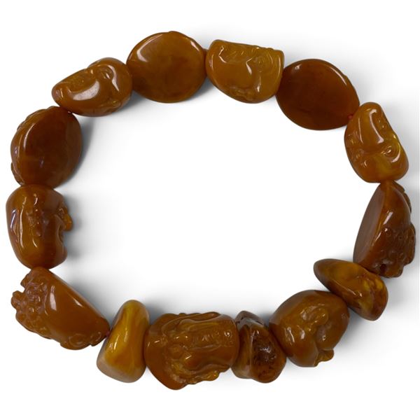 12" Stretch Bracelet with Caramel Resin Qin Pixiu and Character Faces - Largest beads are 18mm x 21m
