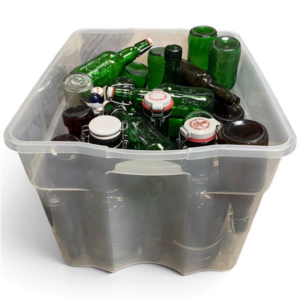 Tote of Vintage Beer and Other Large Bottles