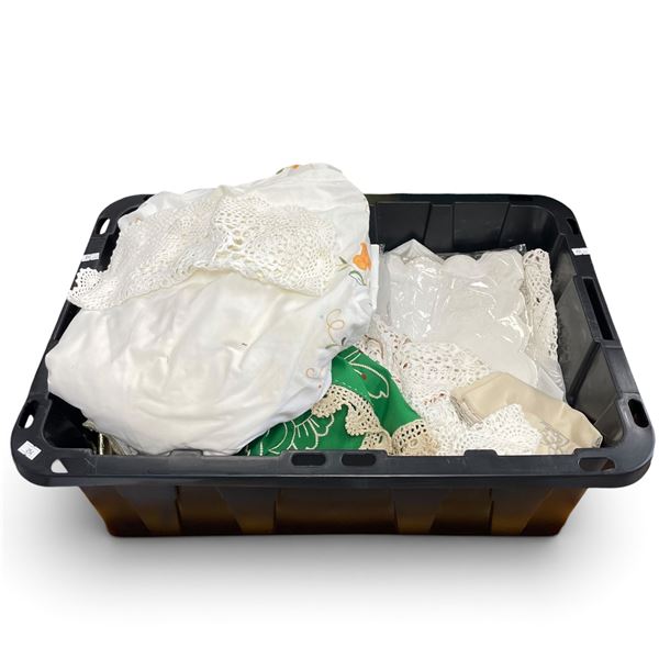 Tote of Table Linens and Towels