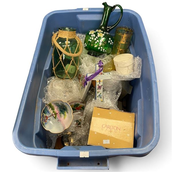 Tote of Vintage Glass, China and Household Goods