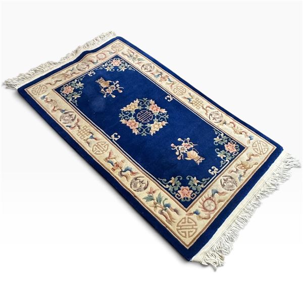 Oriental Style Blue Rug with Floral Motifs & Fringed Edges 66x36 Inches