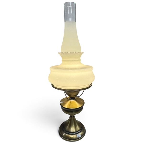 Brass-Tone Electric Hurricane Table Lamp with Frosted Glass Shade & Clear Chimney 24" Tall