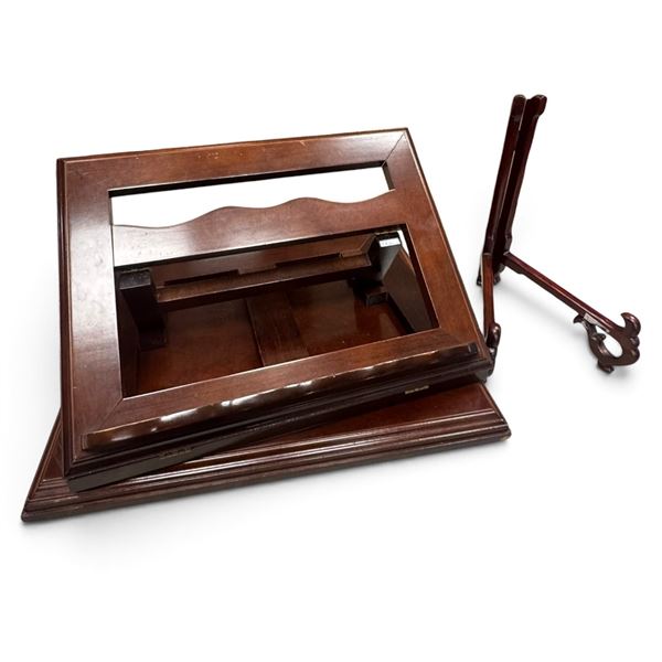 Dark-Stained Wood Adjustable Tabletop Book Stand & Lyre-Form Folding Display Easel Set