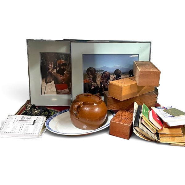 Mixed Barware & Ephemera with Alberta Springs Wooden Boxes, Keg Pump, Crock & Framed Prints