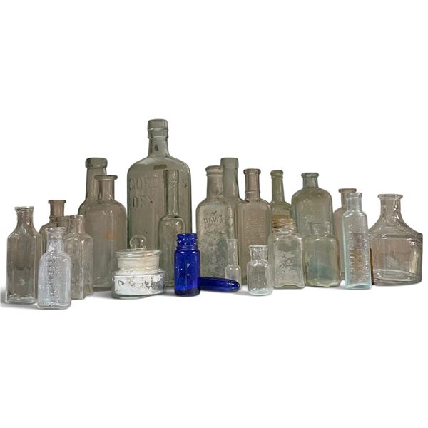 Collection of Embossed Glass Medicine, Apothecary & Liquor Bottles in Aqua & Cobalt