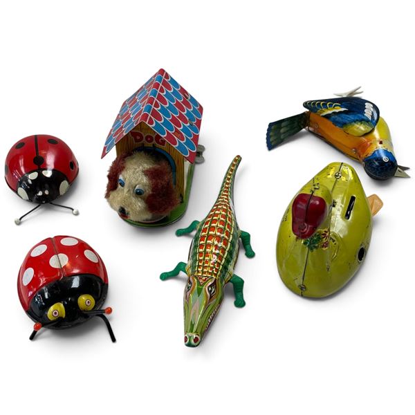 Group of 6 Lithographed Tin Wind-Up Animal Toys: Ladybugs, Dog, Crocodile, Duck & Bird