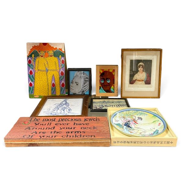 Mixed Decorative Art Group with Folk Painting, Framed Works, Tile, Plaque & Chinese Plate