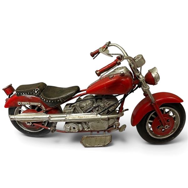 Red & Silver Handcrafted Metal Cruiser Motorcycle Model with Studded Saddle - 3" x 10" x 6" tall