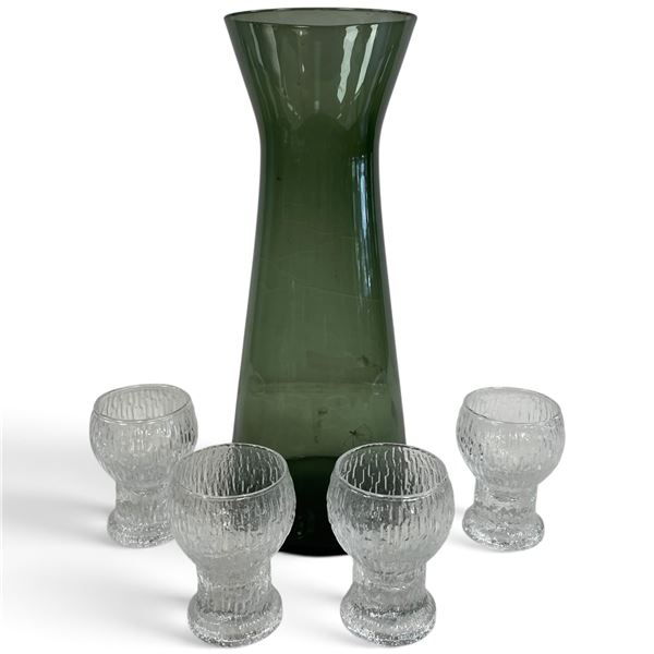 Smoky Green Glass Carafe with Four Clear Textured Pedestal Goblets, Five-Piece Set