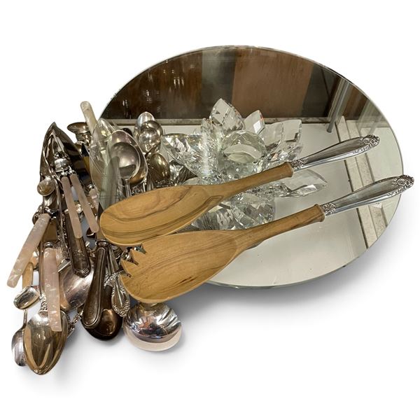 Faceted Glass Pedestal Centerpiece with Mixed Flatware, Servers & Utensils