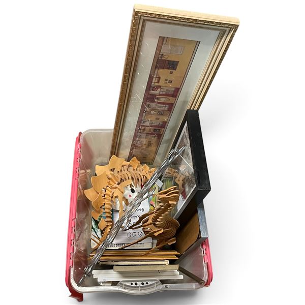 Mixed Wall Decor: Framed Art, Oval Mirror Sculpture & Wooden Dinosaur Models
