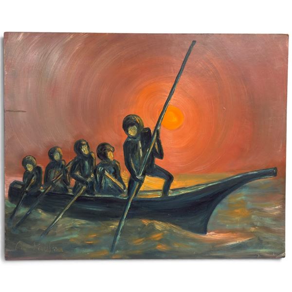 Signed A. Pauls0 Figural Boat Scene Painting on  Board at Sunset (30 x 24 in.)