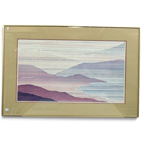 Framed Modernist Fiber Art Coastal Landscape in Mauve, Blue & Cream (40 x 27 in.)