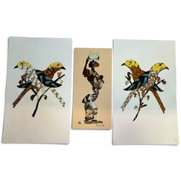 Signed Three-Piece Butterfly-Wing Collage Set, Birds & Figure (Larger ones 9.5 x 16 in.)