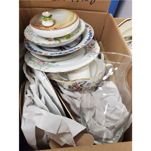 Box Lot of Vintage China, Placemats & Silver Gilded Glass