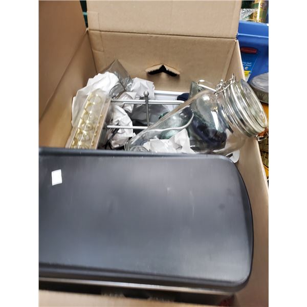 Box Lot of Bathroom & Household Goods - Pedal Trash Can, Glass Jars, Throw Blanket and More