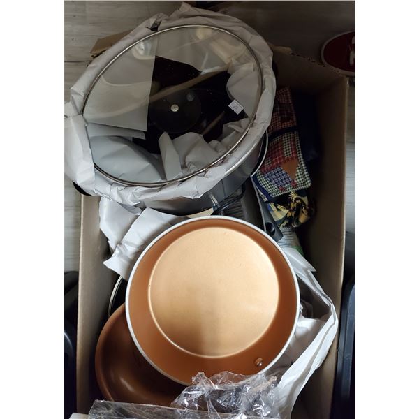 Box Lot of Assorted Kitchen Goods and Cookware - Includes a crock pot
