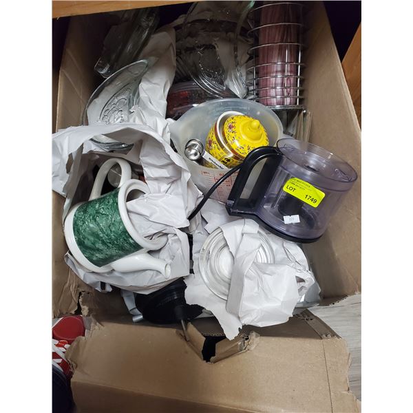 Box Lot of Kitchen Goods - Small Food Processer, Measuring Cups, Tea Pot & More