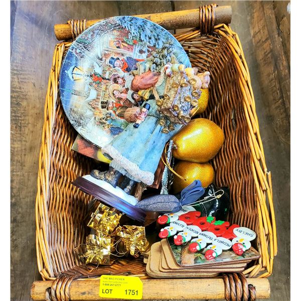 Wicker Basket with Christmas & Other Decorations