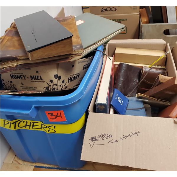 Tote and Box of Vintage Office Goods, Tools, Tray & Other Collectibles