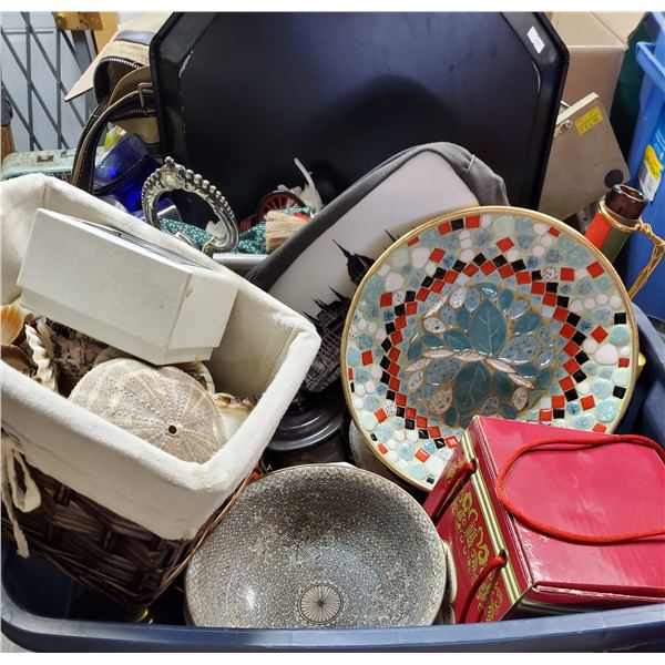 Box Lot of Household Goods and Décor - Seashells, Mosaic Plate, Onion Soup Dishes and More