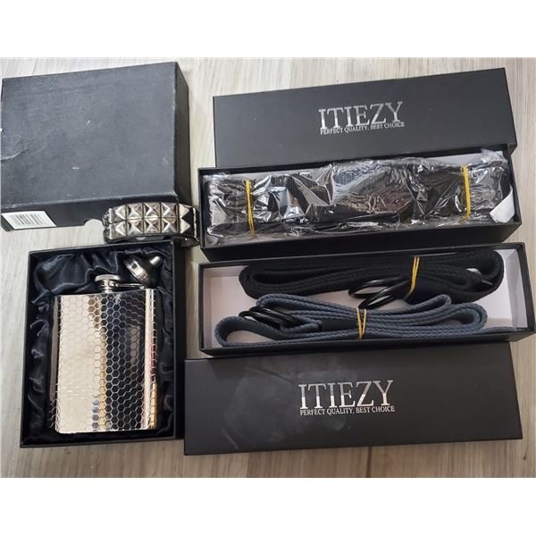 New Flask, 2 Boxes of 2 Itiezzy Belts & 1 Studded Bracelet