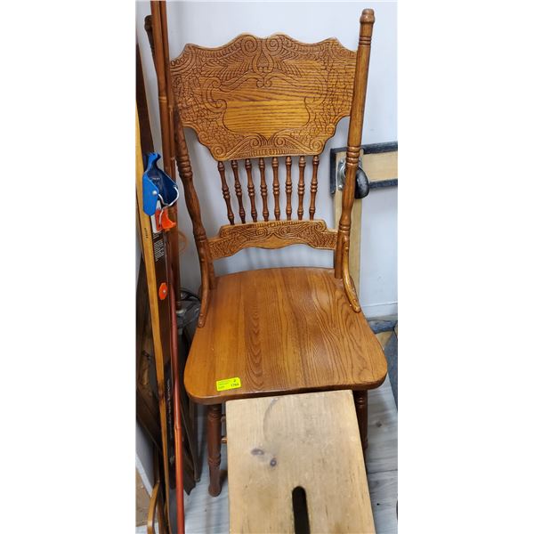 Vintage Double Pressed Back Oak Spindle Chair & Pine Footstool