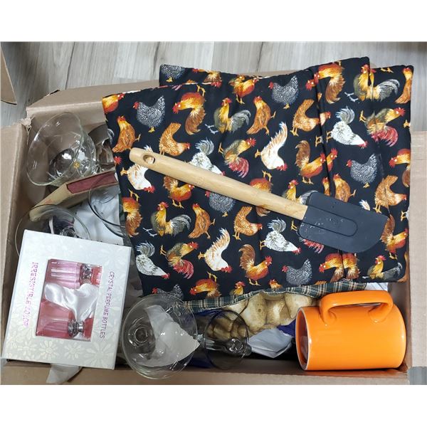 Box of Assorted Kitchen Goods  Placemats, Coffee Cups, Glass Tray and More