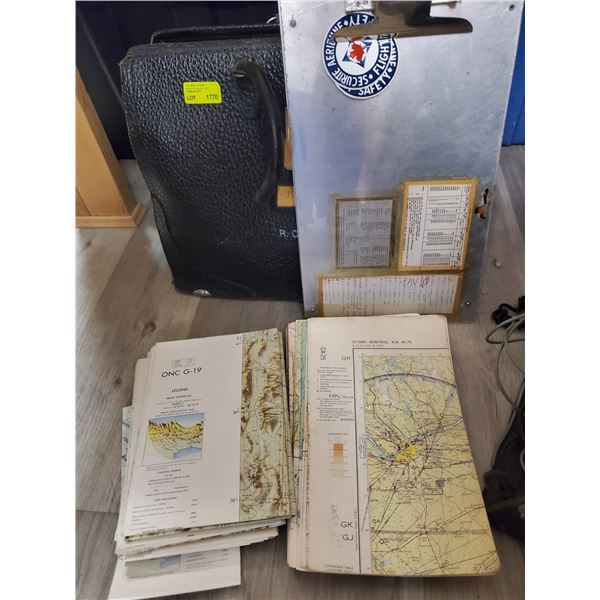R.C.A.F Pebbled Leather Briefcase Full of Maps - One handle needs repair
