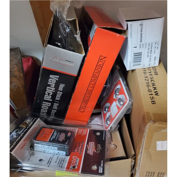 2 Box Lot of Cooking Gear and Tool + New Tarp in Box (Wheel locks, vertical roaster, battery charger