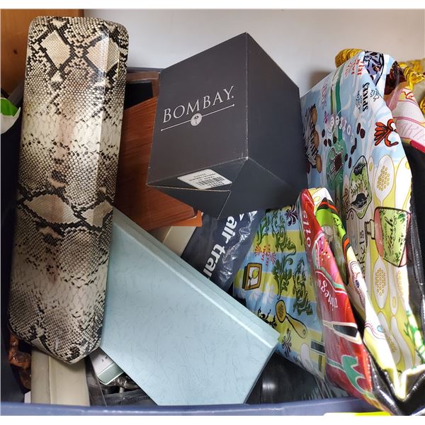 Tote of Assorted Collectibles & Household Goods (Bombay Lustre Vase, Hair Trimmer, Face Roller, Bras
