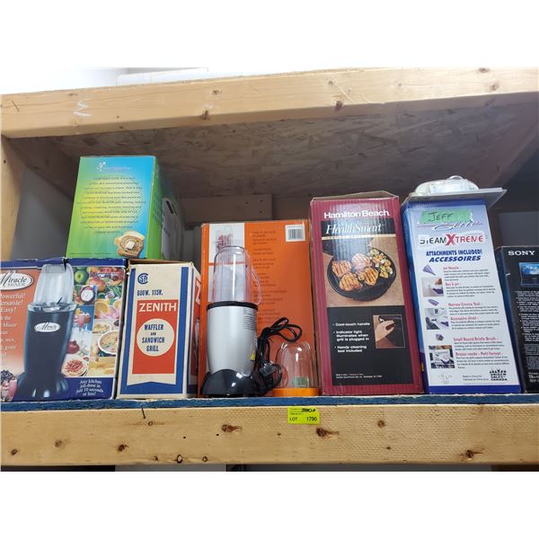 Shelf Lot of Small Kitchen Appliances - Steamer, Grill, Toaster, Waffle Maker & More - Includes a DV