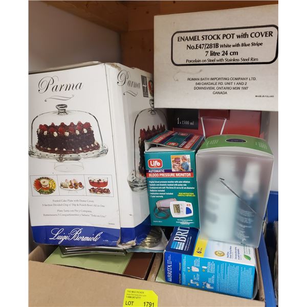 Large Box of House and Health Products - Stock Pot, Blood Pressure Monitor, Cake Stand, Bath Product