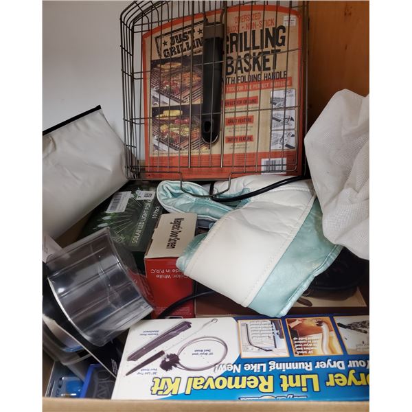 Box of Household and Health Goods - Solar Lights, BBQ Grill Basket, Heated Massager, New Ricer, and 
