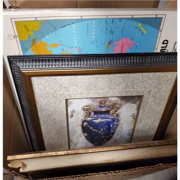 Large Box of Framed Prints & Laminated Map