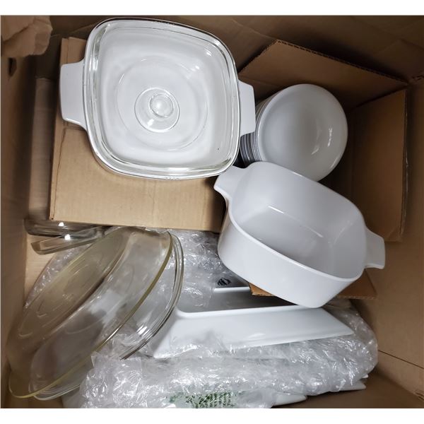 Box of Corning Ware, Corelle, Glass Pie Pan & More