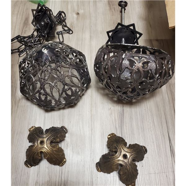 2 Vintage Pierced Metal Hanging Lamps - Shades are 10" diameter x 9" long