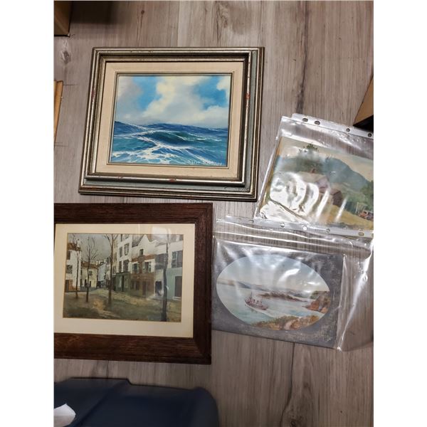 Tote of Framed Prints and an Original Robert Sherwood Seascape in Oil (15" x 13" framed)