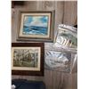 Image 1 : Tote of Framed Prints and an Original Robert Sherwood Seascape in Oil (15" x 13" framed)