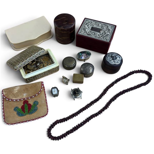 Tray of Trinket Boxes, Garnet Rope Necklace, Personal Size Cherry Tea Caddy & Watch Parts