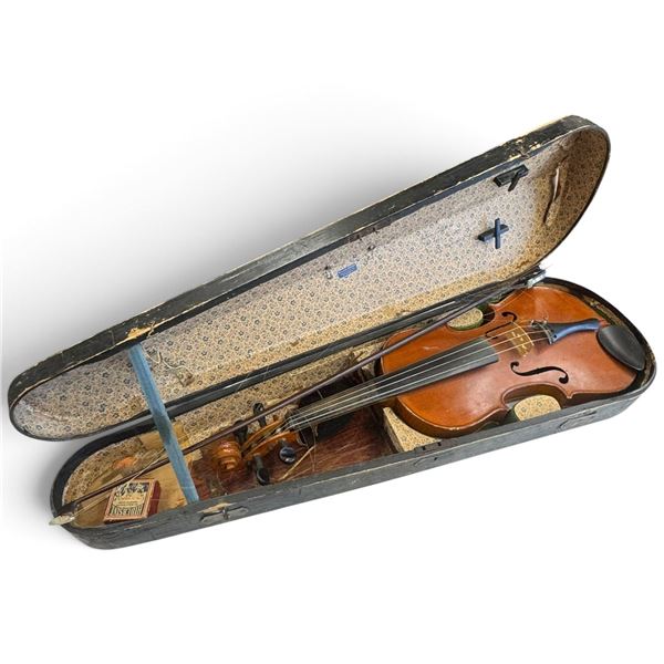 Vintage Wooden Violin with Bow, Hidersine No. 3V Rosin & Fitted Black Wood Case