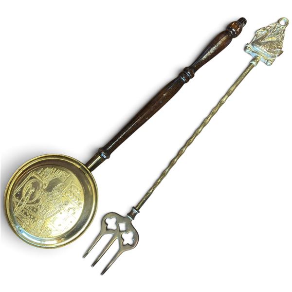 Brass Bed Warming Pan & Figural Three-Tine Hearth Toasting Fork (18 in.)