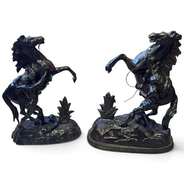 Pair of Spelter Marly Horse Figural Sculptures with Grooms (16 in.)