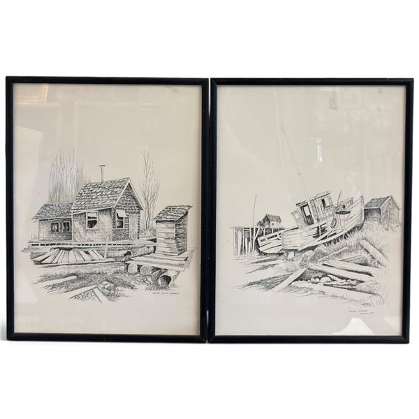 Michael Duncan Signed Maritime Pen & Ink Drawings, 1976-1977, Pair (12.5 x 16.5 in.)