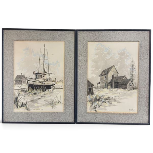 H.J. de Ruiter Steveston B.C. Coastal Art Panels, Pair (14 x 18 in.)