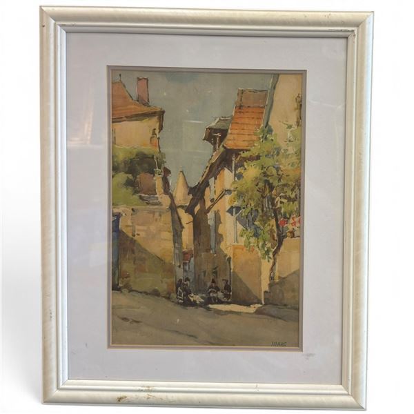 Signed Marc Watercolor Village Street Scene, Framed (18.5 x 22.5 in.)
