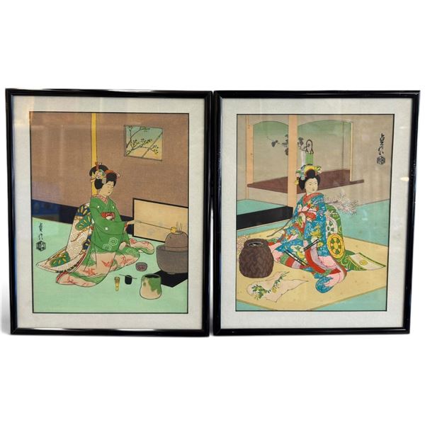 Pair of Hasegawa Sadanobu III Maiko Tea Ceremony & Flower Arrangement Woodblock Prints