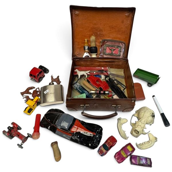 Vintage Suitcase with Toy Vehicles, Barware, Animal Skull & Assorted Personal Effects