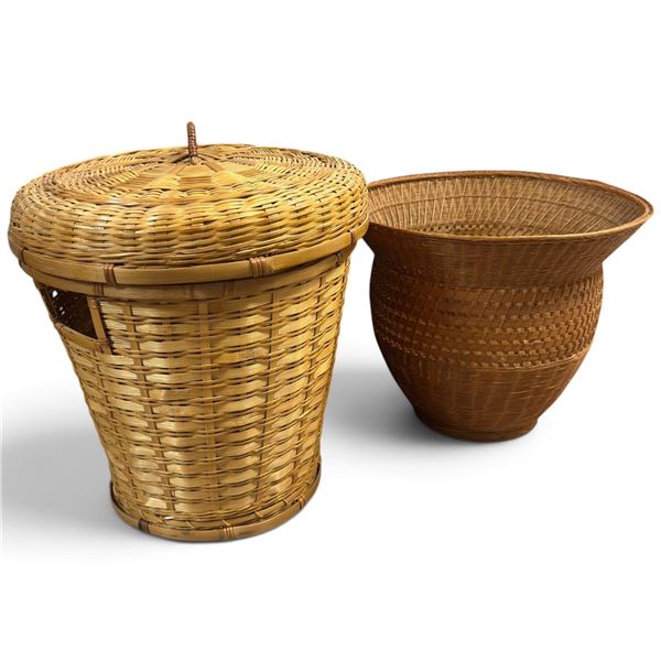 Two Woven Bamboo & Cane Baskets, Lidded Storage and Flared Open Forms (15 in. H)