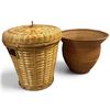 Image 1 : Two Woven Bamboo & Cane Baskets, Lidded Storage and Flared Open Forms (15 in. H)